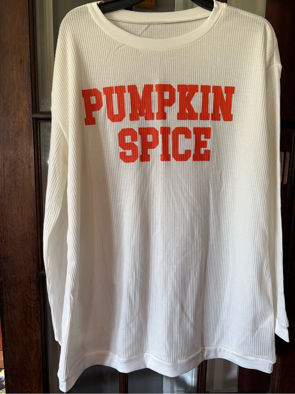 Pumpkin Spice Long-Sleeve Ribbed Tee - White with Orange Graphic